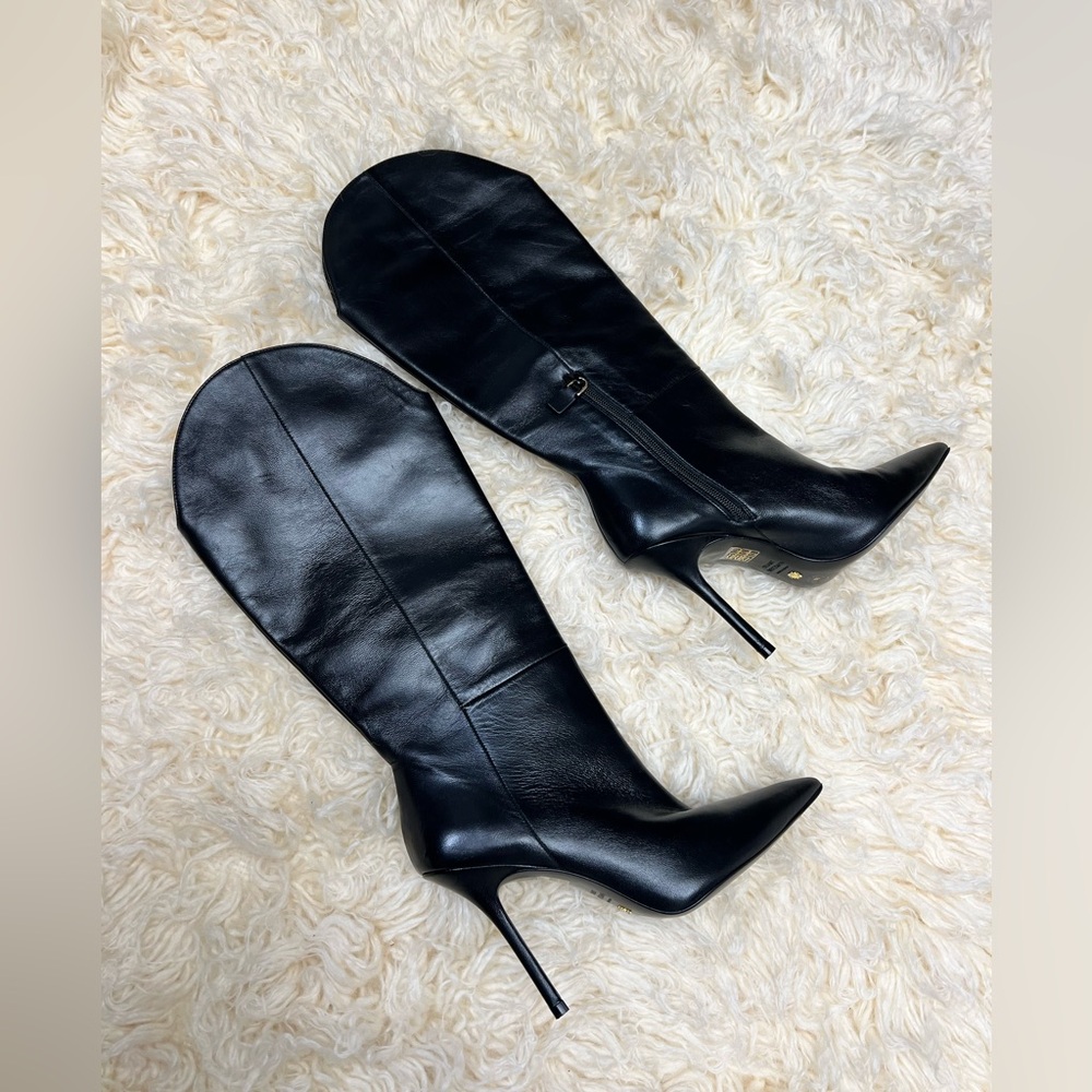 Stuart Weitzman Black Leather Over-the-Knee Pointed Toe Stiletto Boots - Picture 13 of 14